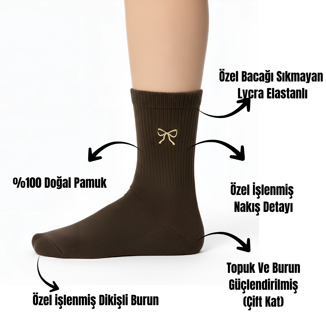AYDK™ Premium Çorap – Fiyonk Nakışlı 6’lı Çorap Seti