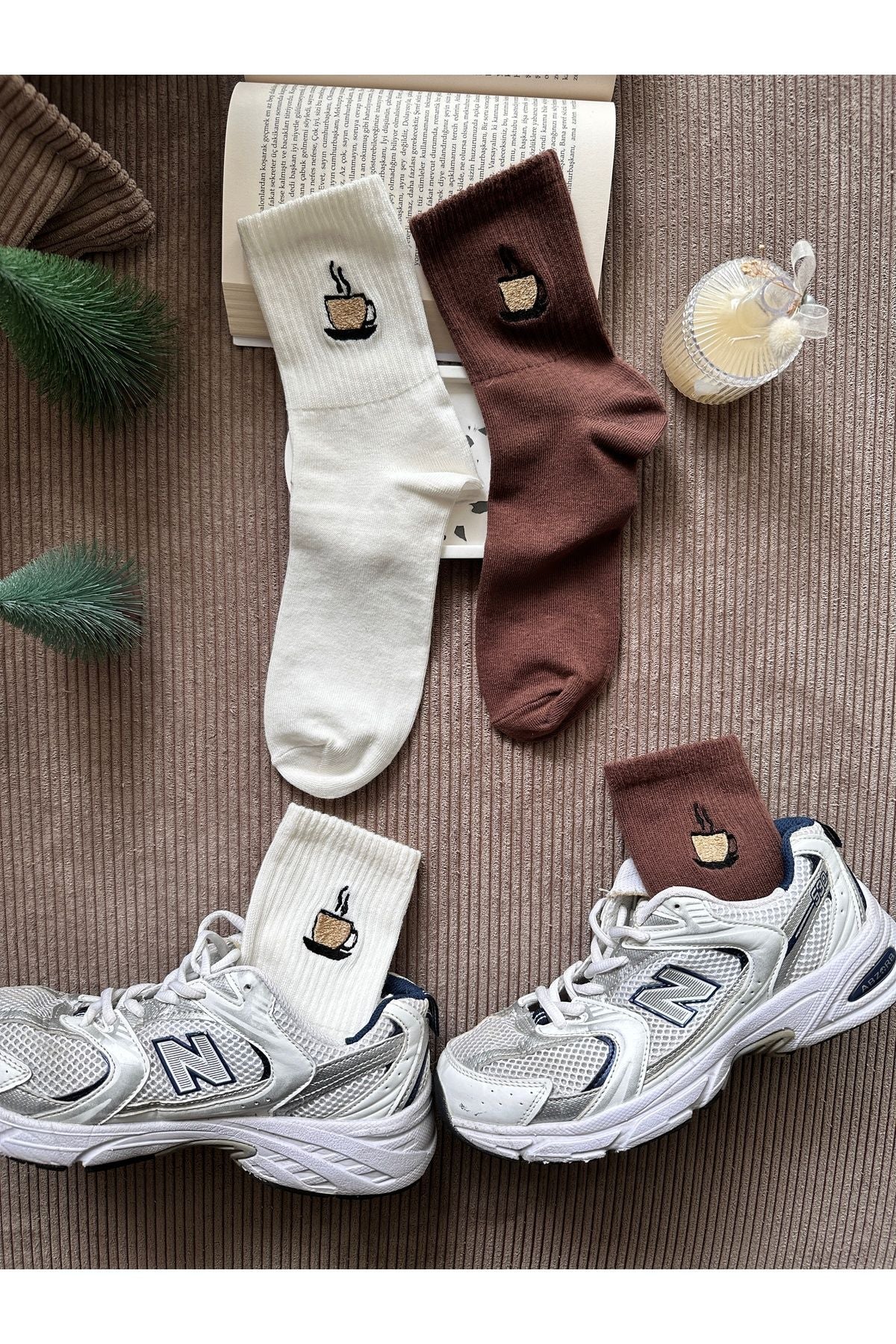 Minimal Kahve Fincan Nakışlı Unisex Casual 2 Çift Çorap Seti