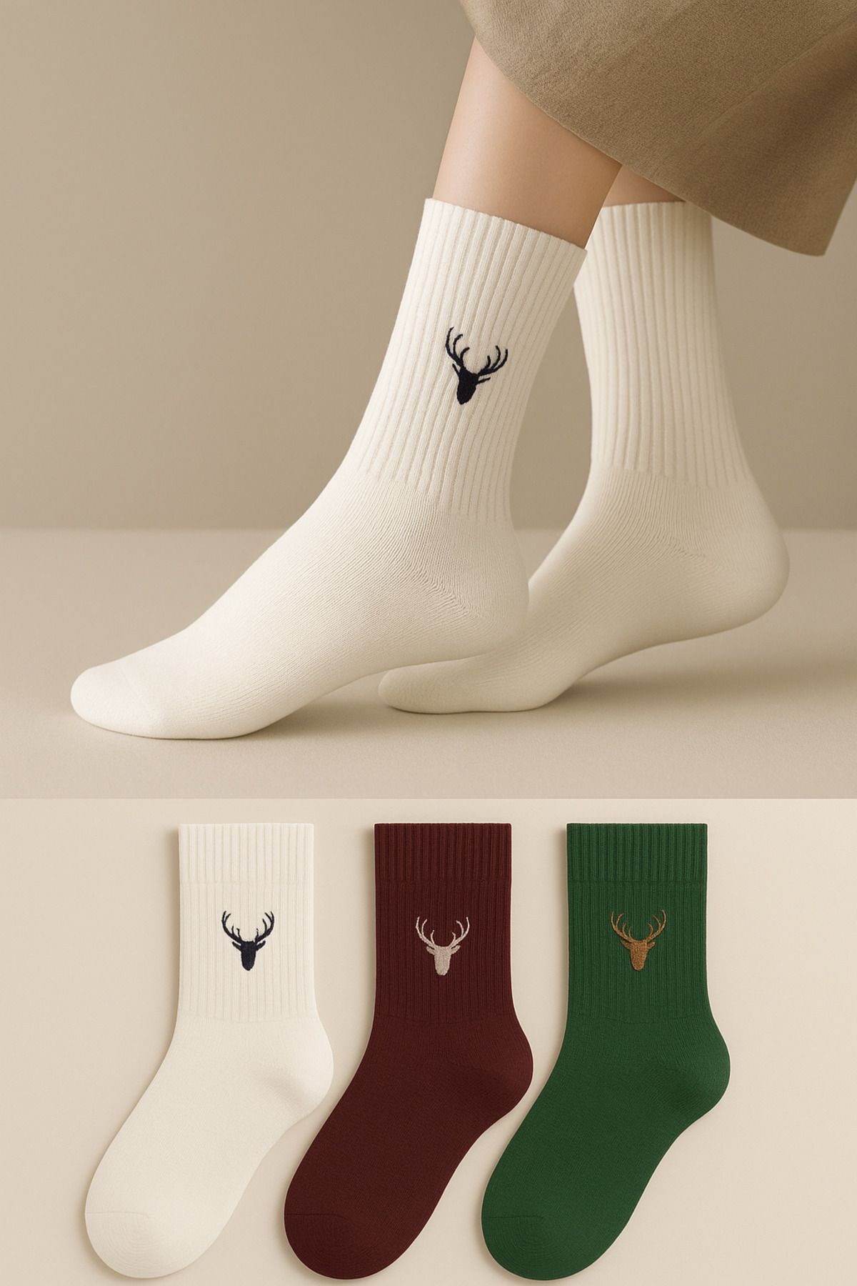 Unisex Geyik Nakışlı Yazlık Kışlık 3 Çift Pamuklu Soket Çorap Seti