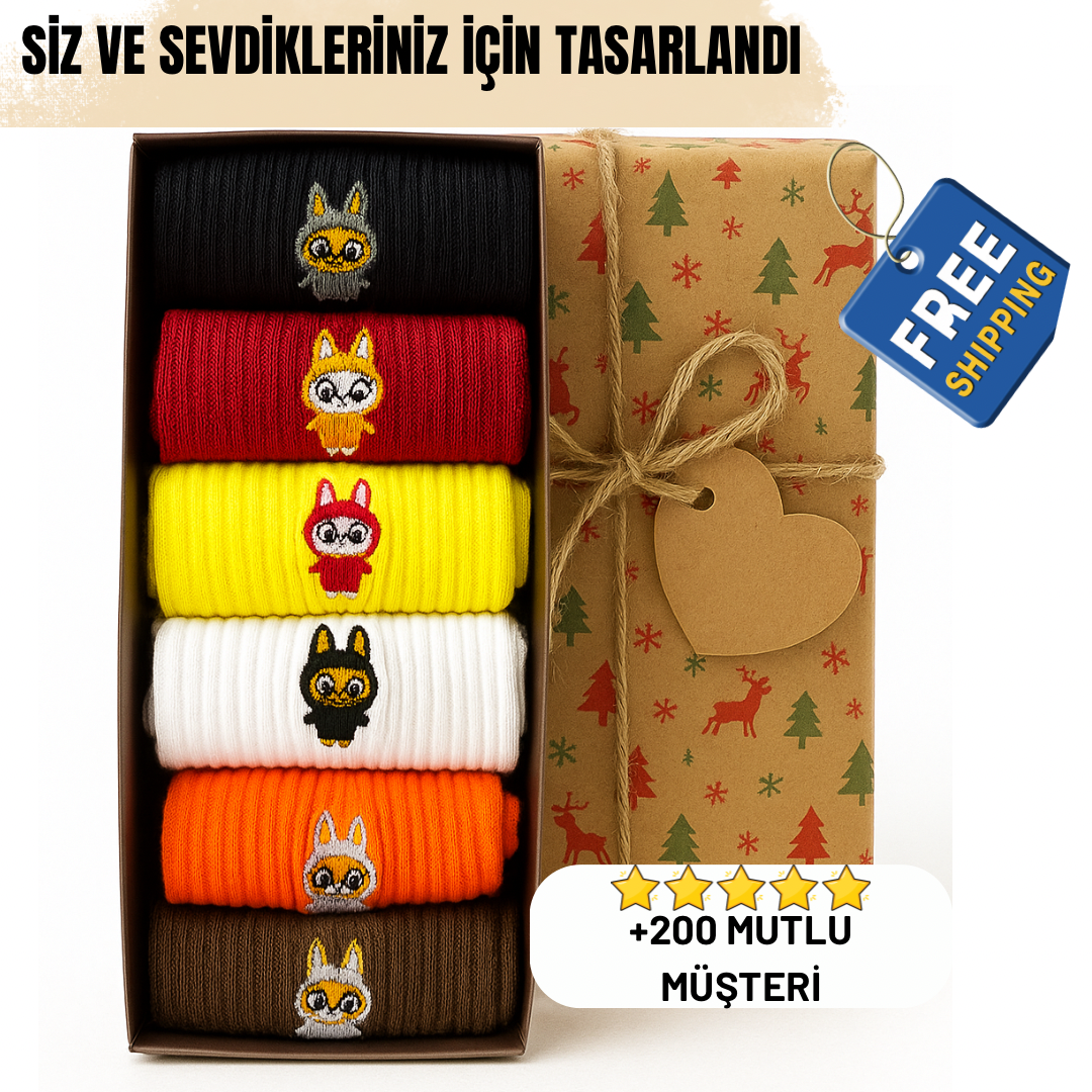 AYDK™ Premium Çorap – Labubu Nakışlı 6’lı Çorap Seti