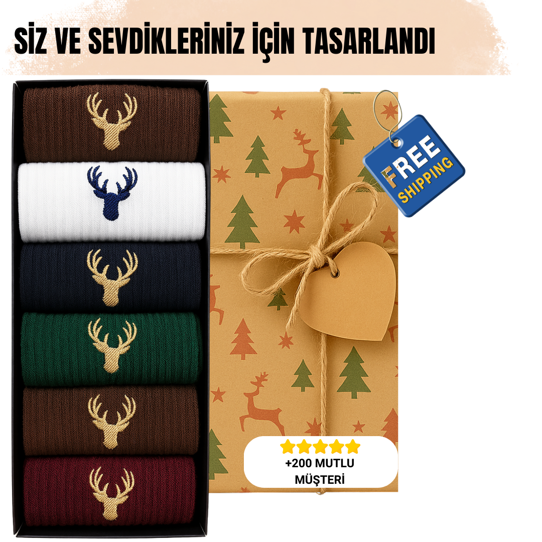 AYDK™ Premium Çorap – Geyik Nakışlı 6’lı Çorap Seti