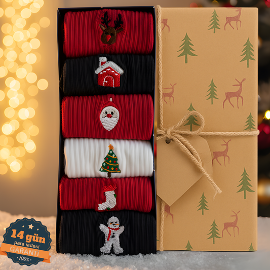 AYDK™ Premium Çorap – Yılbaşı Özel Nakışlı 6’lı Çorap Seti