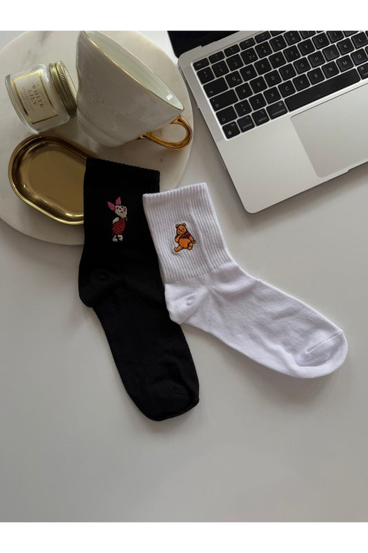 Unisex 2Çift Piglet Ayı Winnie Nakışlı Siyah Beyaz Pamuklu Yazlık Kışlık Soket Desenli Çorap Seti