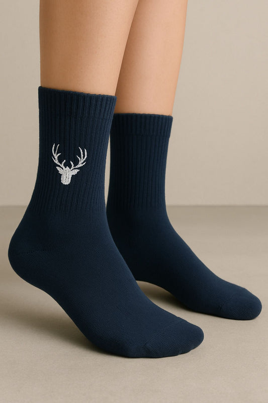Geyik Nakışlı Renkli Yazlık Kışlık Pamuklu Unisex Lacivert Soket Çorap