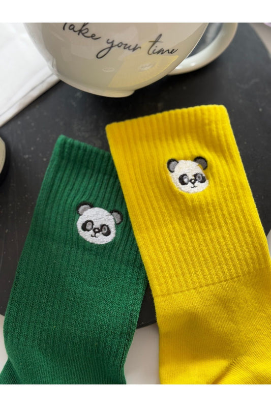 Unisex 2 Çift Sevimli Panda Nakışlı Pamuklu Yazlık Kışlık Yeşil Sarı Eğlenceli Soket Çorap Seti.