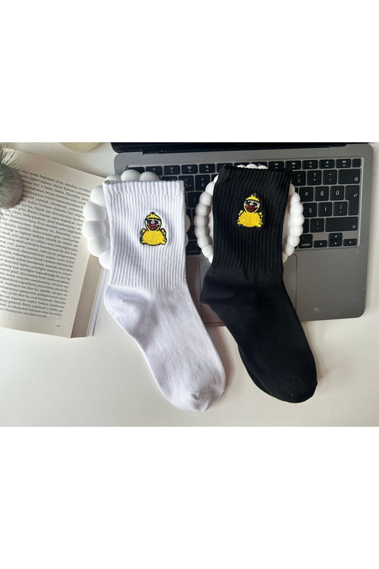 Sevimli Öpücük Atan Civciv Nakışlı Yazlık Kışlık Pamuklu Unisex Casual 2 Çift Soket Çorap