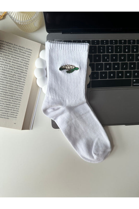Su Kaplumbağası Nakışlı Yazlık Kışlık Beyaz Pamuklu Unisex Casual Comfort Soket Çorap