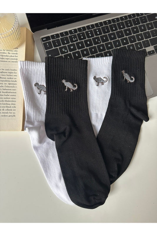 Dinazor T-Rex Nakışlı 2 Çift Siyah Ve Beyaz Eğlenceli Yazlık Kışlık Pamuklu Unisex Çorap Seti