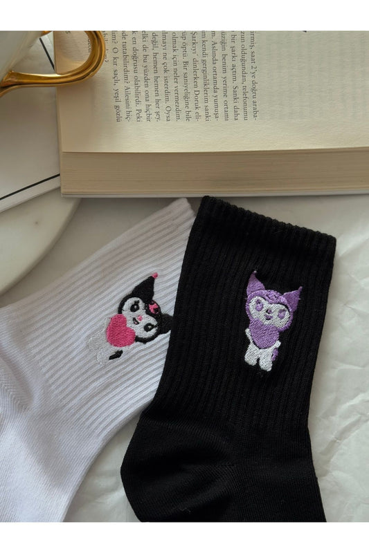 Unisex 2Çift Sevimli Kuromi Nakışlı Pamuklu Yazlık Kışlık Siyah Beyaz Eğlenceli Soket Çorap Seti