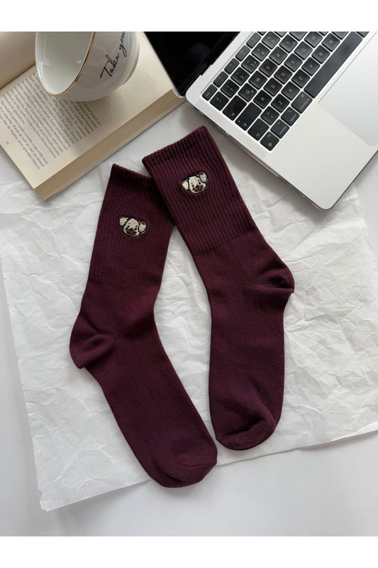 Köpek Nakışlı Sevimli Tatlı Yazlık Kışlık Bordo Unisex Tekli Soket Çorap.