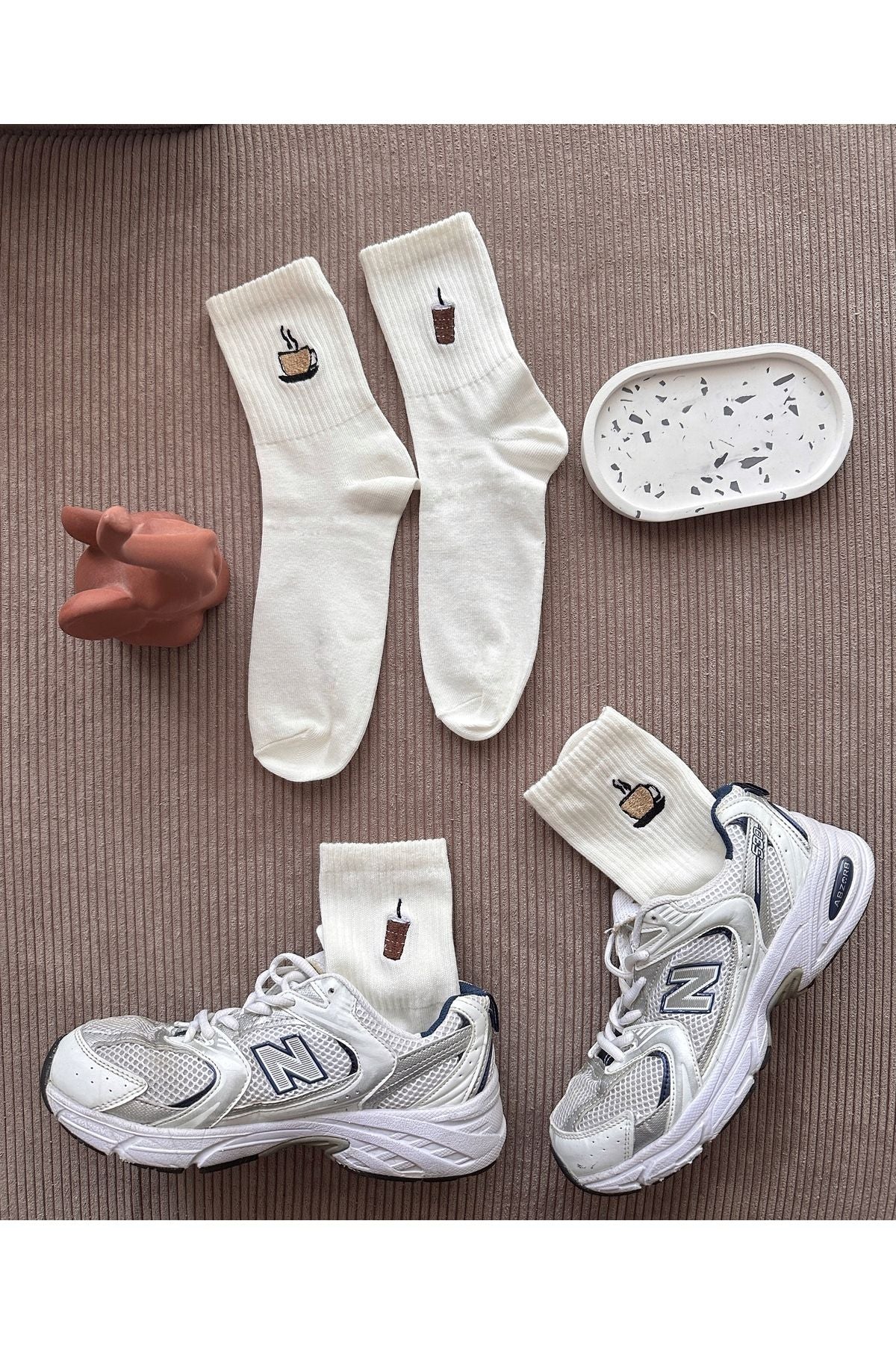 Minimal Sevimli Fincan Kahve Latte Ve Bardak Nakışlı Unisex 2 Çift Çorap Seti