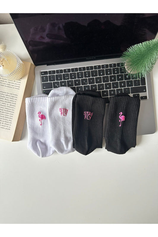 Çorap Arkası Flamingo Nakışlı Pamuklu Yazlık Kışlık Siyah Beyaz  Soket Kadın 2 Çift Çorap Seti
