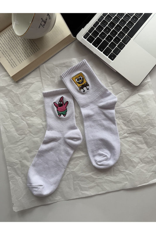 Unisex 2 Çift Sünger Bob Patrick Nakışlı Beyaz Yazlık Kışlık  Soket Eğlenceli Çorap Seti