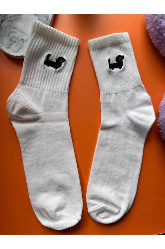 Sevimli Sosis Köpek Nakışlı Unisex Beyaz Yazlık Kışlık Casual Soket Çorap