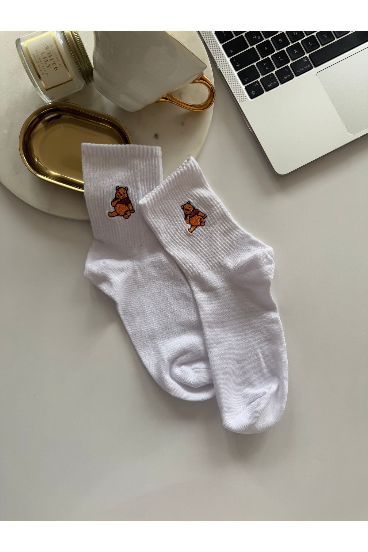 Ayı Winnie Nakışlı Sevimli Tatlı Yazlık Kışlık Beyaz Unisex Tekli Soket Çorap