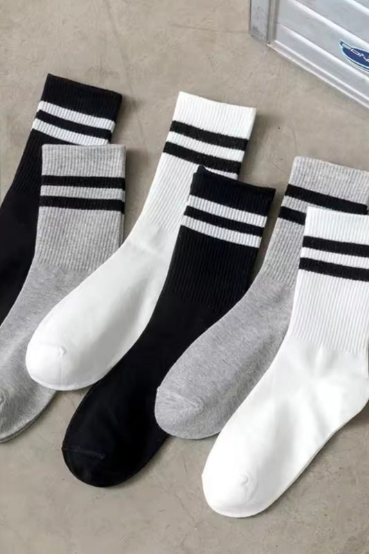 Unısex Uzun Tenis Kolej Çorap Çizgili Gri Beyaz Siyah Set