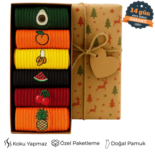 AYDK™ Premium Çorap – Meyve Nakışlı 6’lı Çorap Seti
