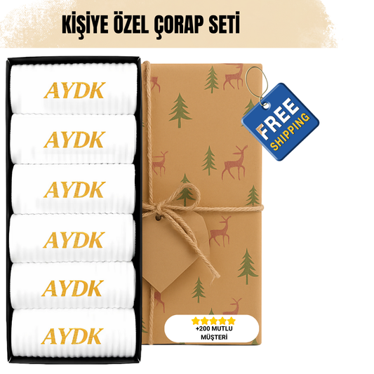 AYDK™ Premium Çorap – Kişiye Özel Nakışlı 6’lı Beyaz Çorap Seti
