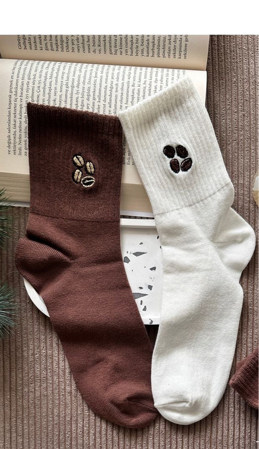2Çift Kahve Çekirdeği Nakışlı Yazlık Kışlık Unisex Çorap Seti