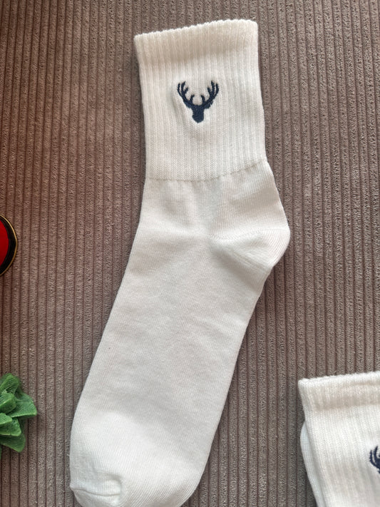 Unisex Geyik Nakışlı Pamuklu Yazlık Kışlık Beyaz Casual Soket Çorap