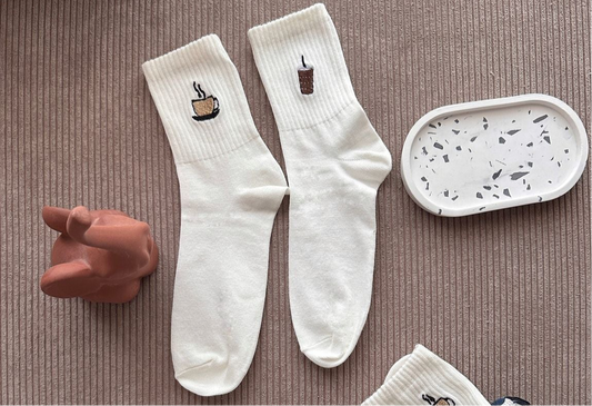 Minimal Sevimli Fincan Kahve Latte Ve Bardak Nakışlı Unisex 2 Çift Çorap Seti