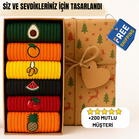 AYDK™ Premium Çorap – Meyve Nakışlı 6’lı Çorap Seti