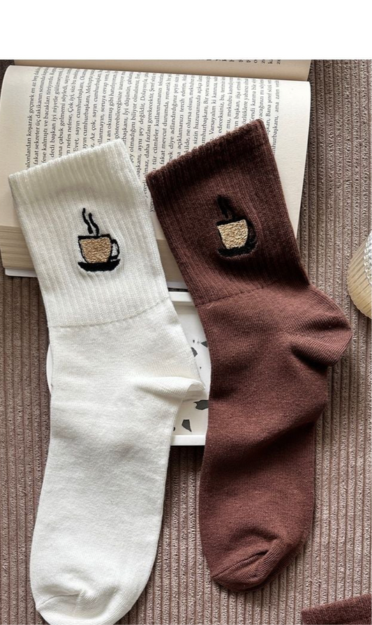 Minimal Kahve Fincan Nakışlı Unisex Casual 2 Çift Çorap Seti