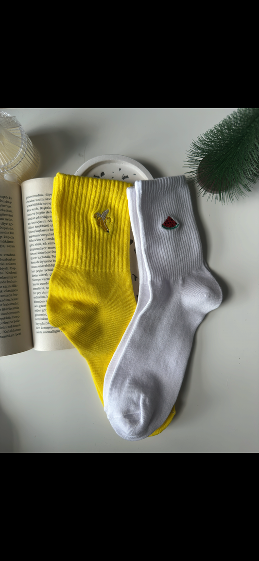 2 Çift Muz Karpuz Nakışlı Soket Set