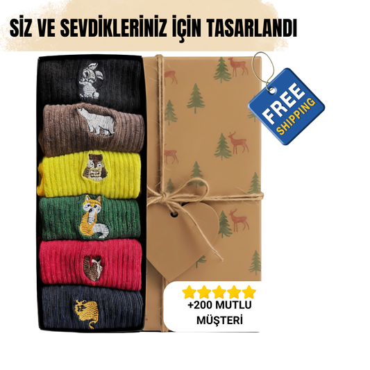 AYDK™ Premium Çorap – Sevimli Hayvan Nakışlı 6’lı Çorap Seti