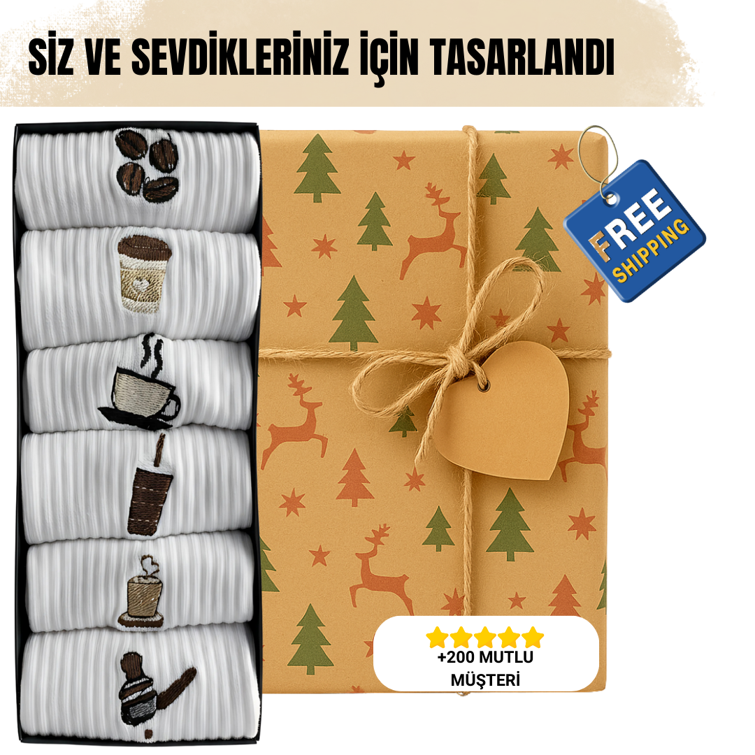 AYDK™ Premium Çorap – Kahve Nakışlı 6’lı Çorap Seti