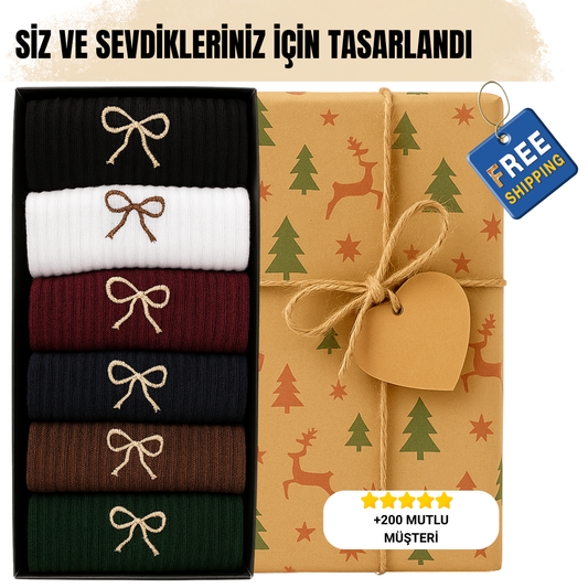 AYDK™ Premium Çorap – Fiyonk Nakışlı 6’lı Çorap Seti