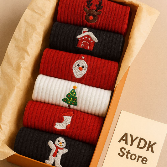 AYDK™ Premium Çorap – Yılbaşı Özel Nakışlı 6’lı Çorap Seti